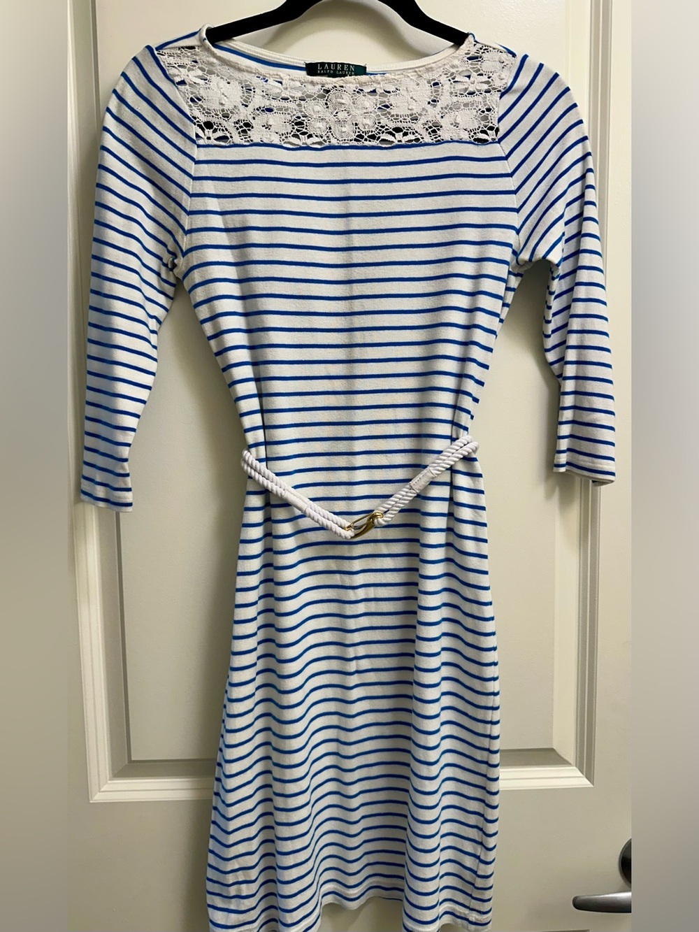 Ralph Lauren 100% Cotton White and Blue Striped Lace-Yoke Knit Dress - Picture 2 of 7